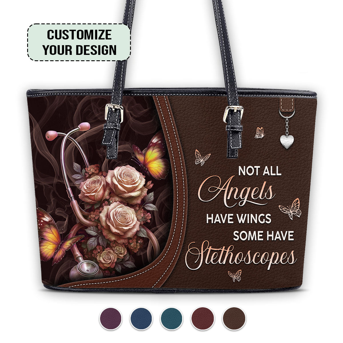Stethoscope And Flowers - Personalized Custom Nurse Leather Tote Bag