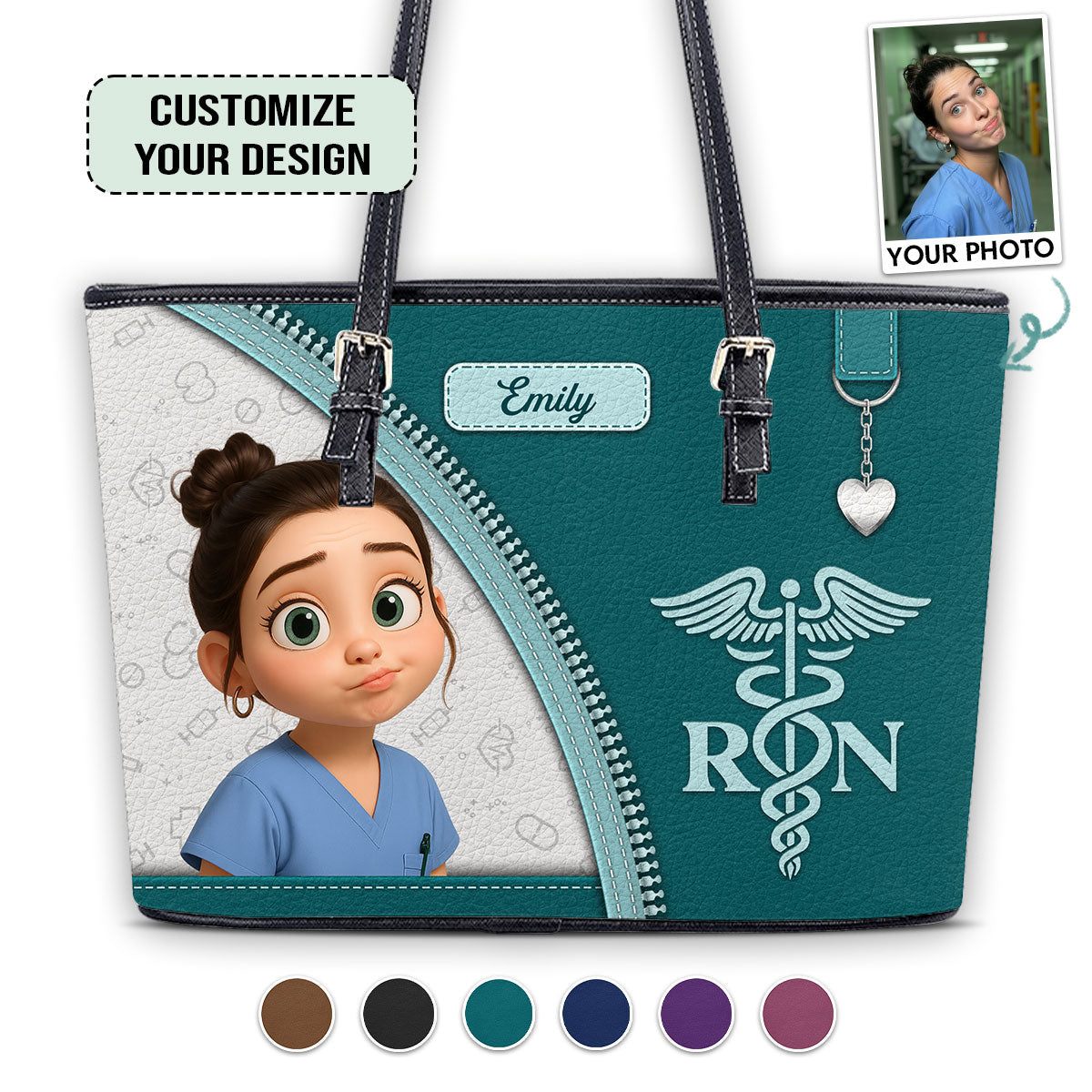 Simple Nurse Life Cartoon- Personalized Custom Nurse Leather Tote Bag for work