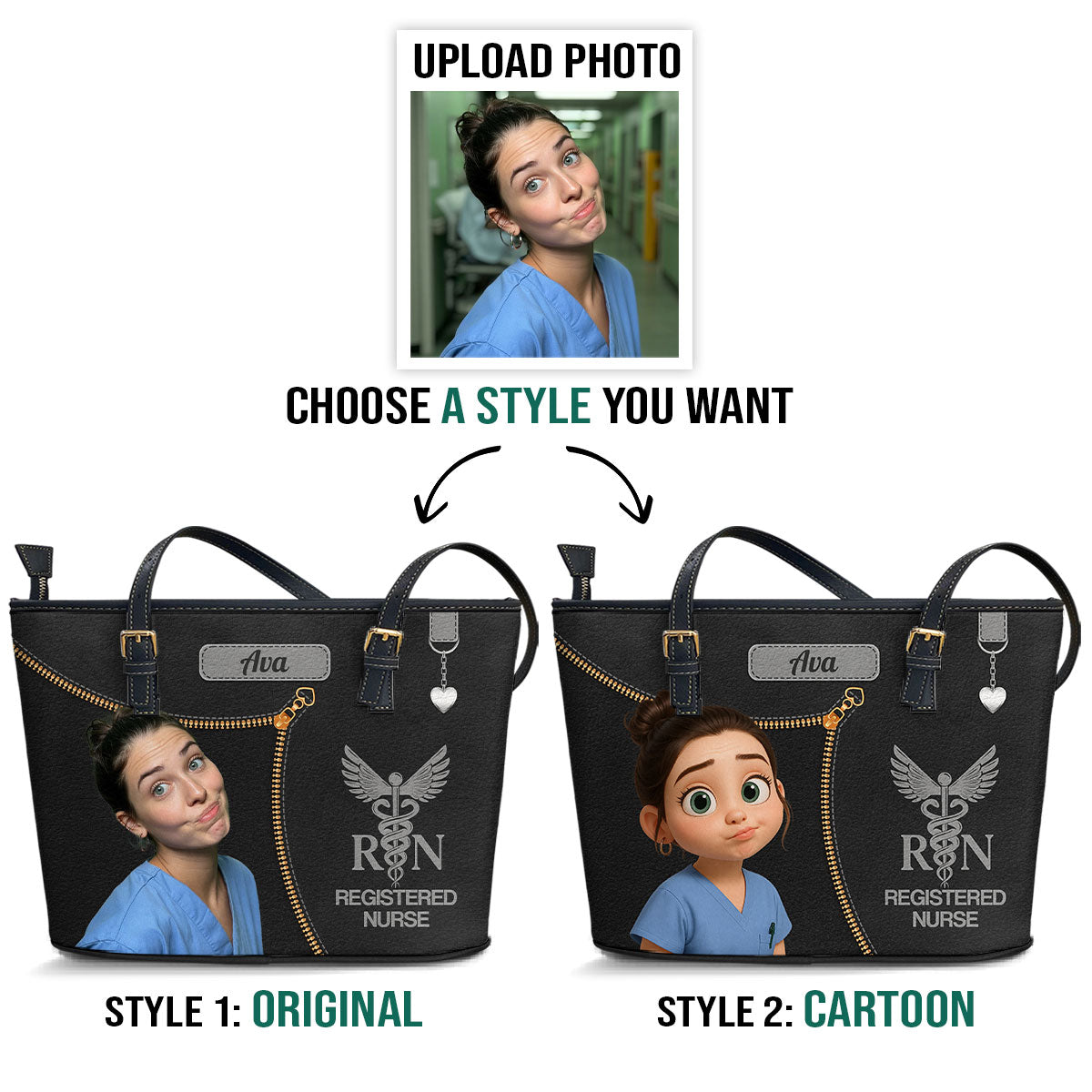 Watercolor Nurse Cartoon - Personalized Custom Nurse Leather Tote Bag