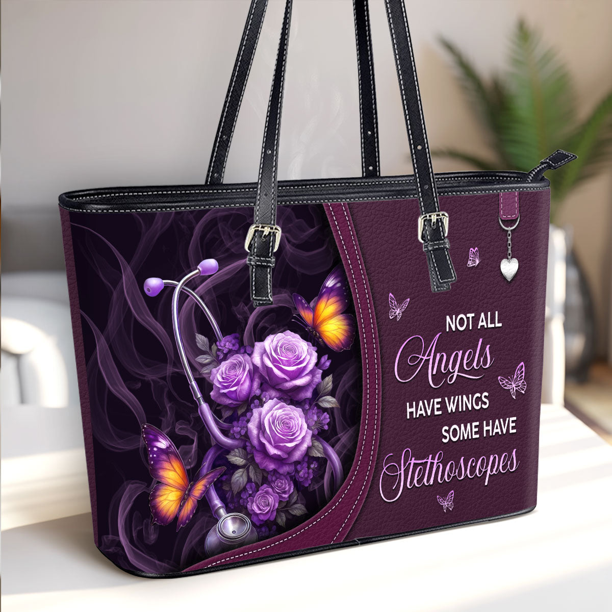 Stethoscope And Flowers - Personalized Custom Nurse Leather Tote Bag