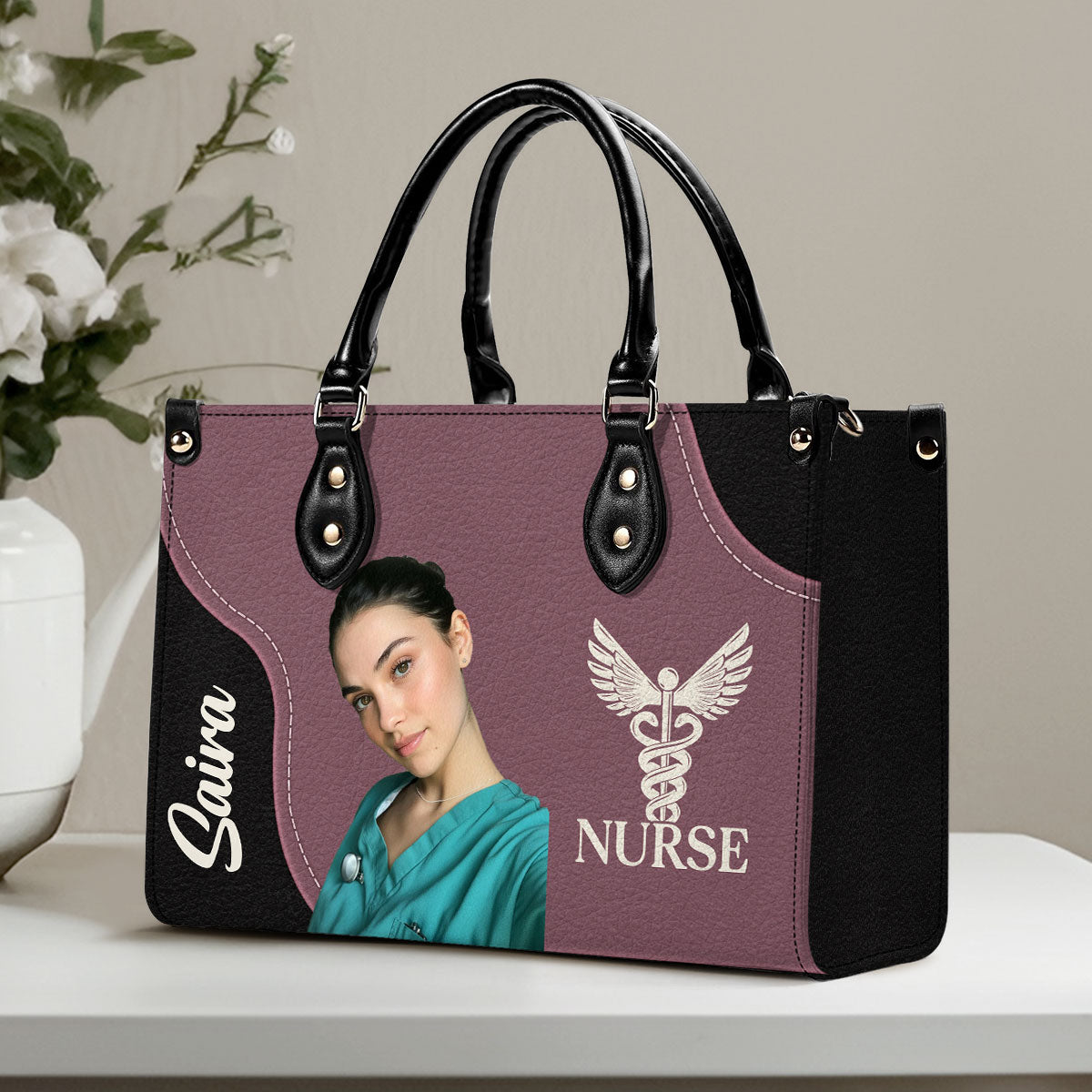 Nurse With Love Cartoon - Personalized Custom Leather Handbag