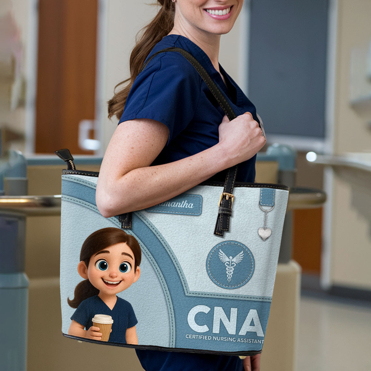 Gentle Style Nurse Cartoon - Personalized Custom Nurse Leather Tote Bag