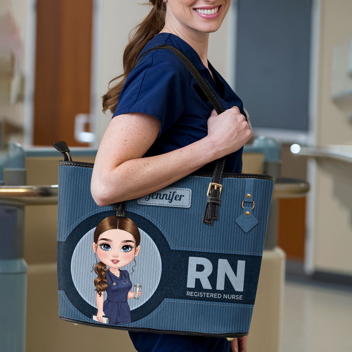Denim Corduroy Nurse - Personalized Custom Nurse Leather Tote Bag