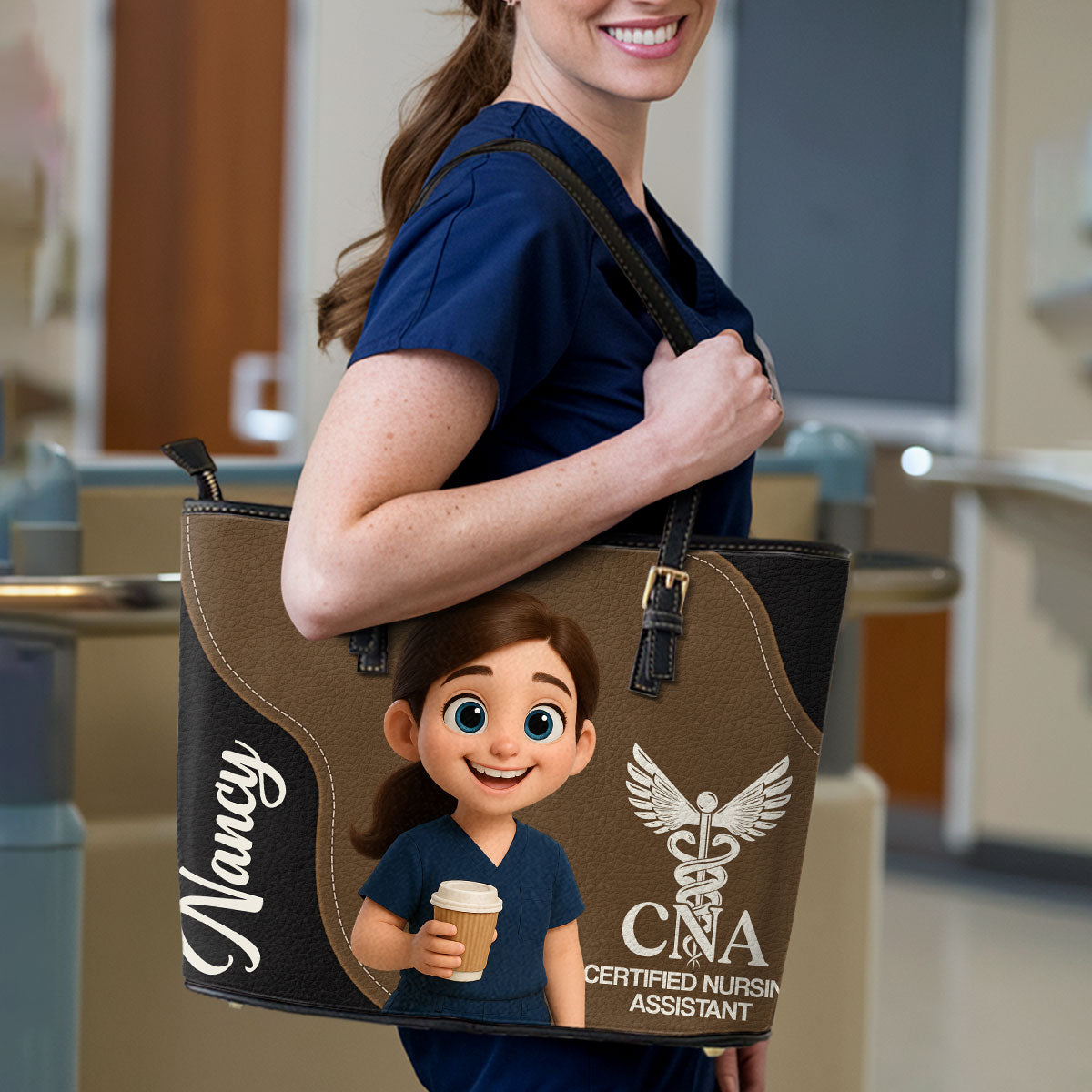 Nurse With Love Cartoon - Personalized Custom Nurse Leather Tote Bag
