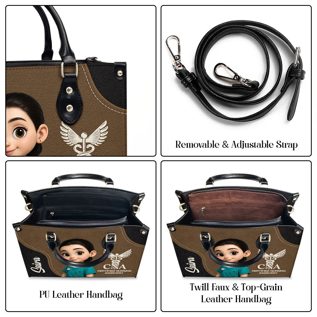 Nurse With Love Cartoon - Personalized Custom Leather Handbag