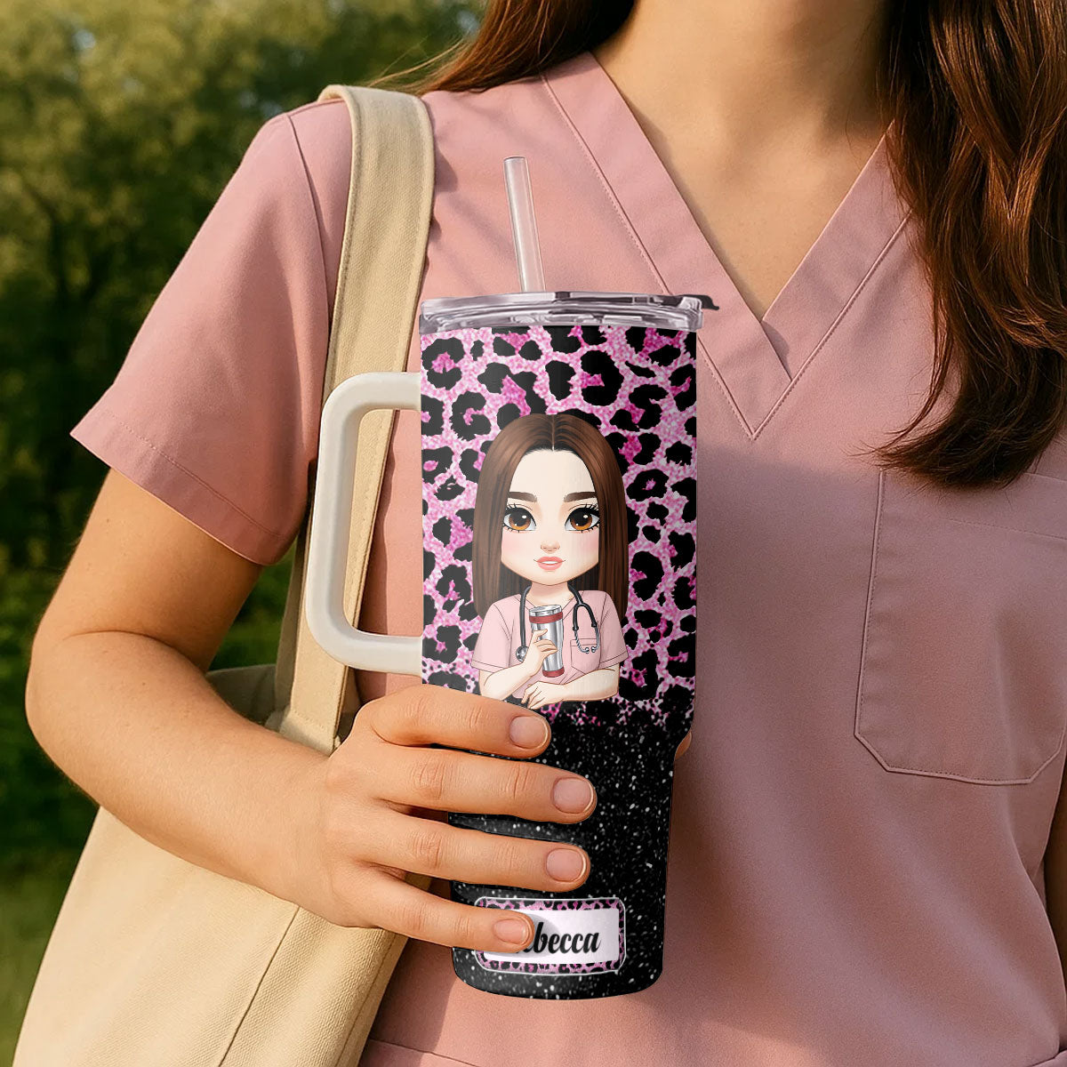 Nurse Glitter Leopard - Personalized Nurse 40oz Tumbler With Handle