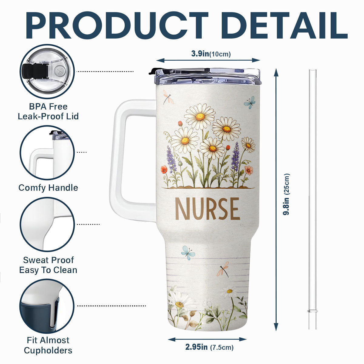 Daisy Floral Nurse - Personalized Nurse 40oz Tumbler With Handle