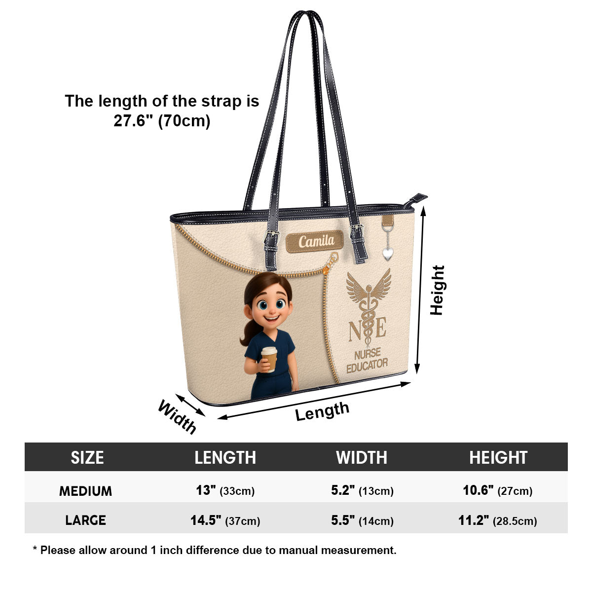 Watercolor Nurse Cartoon - Personalized Custom Nurse Leather Tote Bag