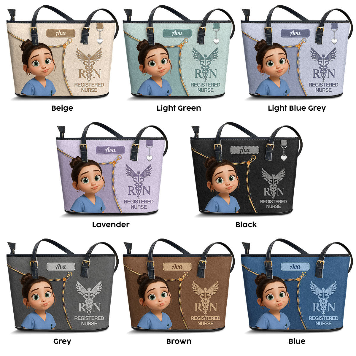 Watercolor Nurse Cartoon - Personalized Custom Nurse Leather Tote Bag