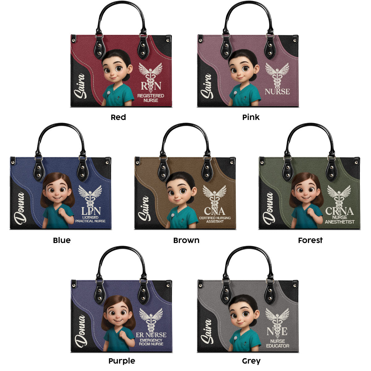 Nurse With Love Cartoon - Personalized Custom Leather Handbag
