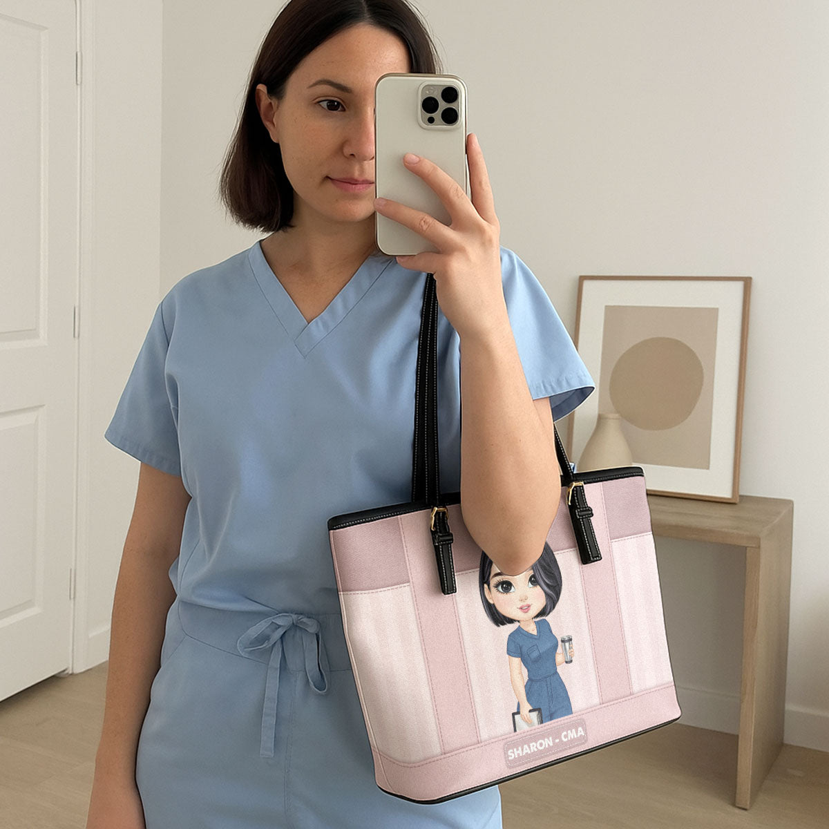 Striped Pattern Nurse - Personalized Custom Nurse Leather Tote Bag