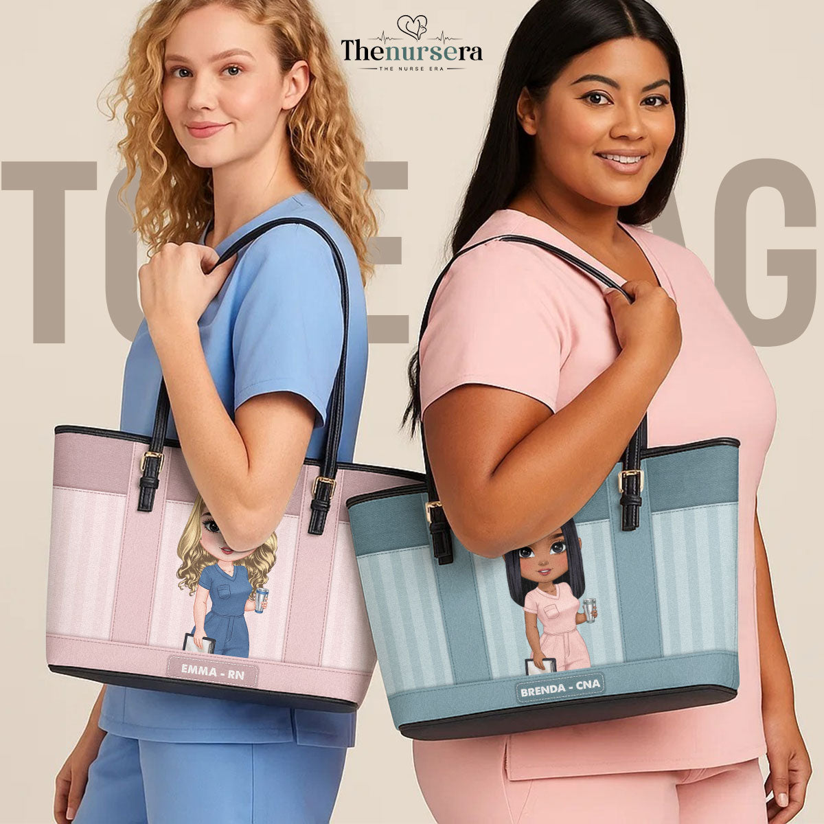 Striped Pattern Nurse - Personalized Custom Nurse Leather Tote Bag