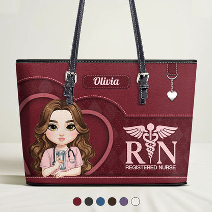 Nurse Plaid Heart - Personalized Custom Nurse Leather Tote Bag