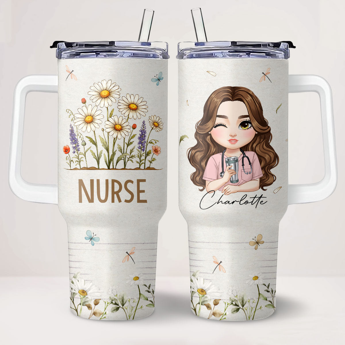 Daisy Floral Nurse - Personalized Nurse 40oz Tumbler With Handle