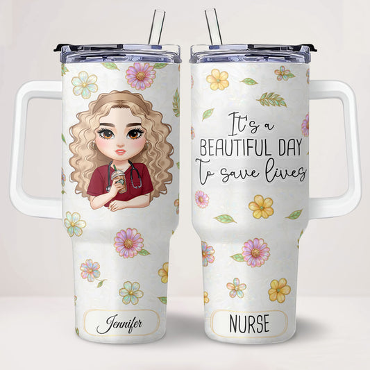 Floral Nurse Drink - Personalized Nurse 40oz Tumbler With Handle