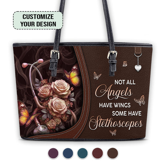 Stethoscope And Flowers - Personalized Custom Nurse Leather Tote Bag