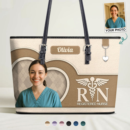 Nurse With Beautiful Heart Photo - Personalized Custom Nurse Leather Tote Bag