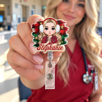 Cozy Holiday With Nurse - Personalized Nurse Badge Reel