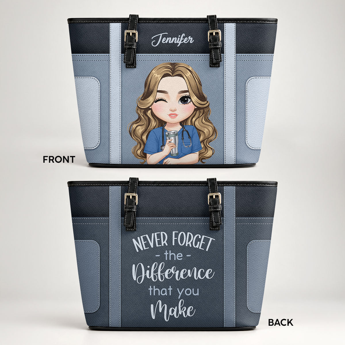 Never Forget The Difference - Personalized 2-Sided Custom Nurse Leather Tote Bag