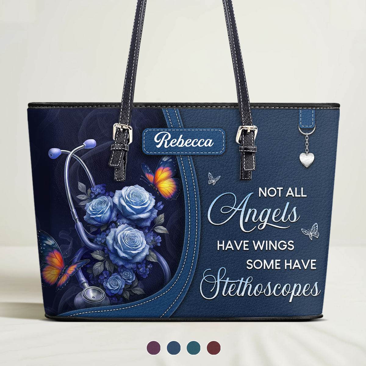 Stethoscope And Flowers - Personalized Custom Nurse Leather Tote Bag