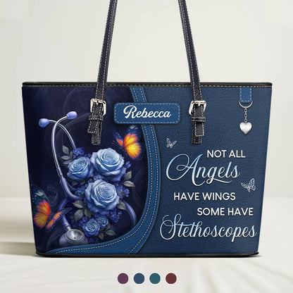 Stethoscope And Flowers - Personalized Custom Nurse Leather Tote Bag