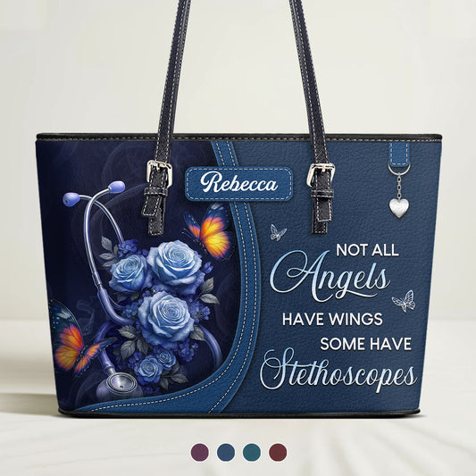 Stethoscope And Flowers - Personalized Custom Nurse Leather Tote Bag