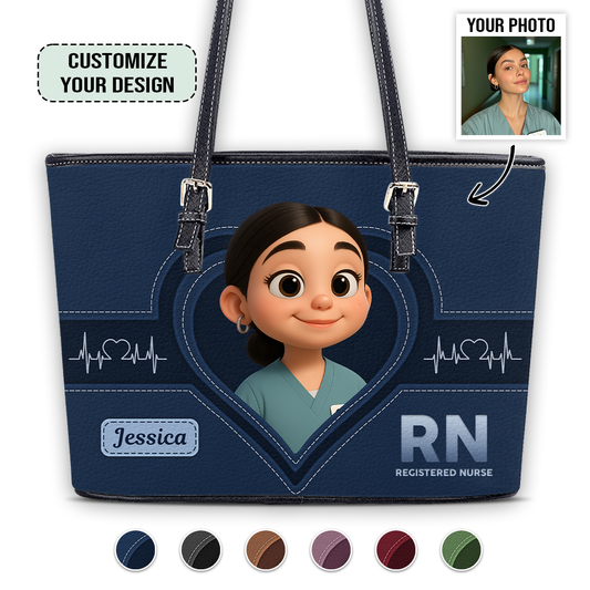 Nursing Scrub Life Cartoon - Personalized Custom Nurse Leather Tote Bag for Work
