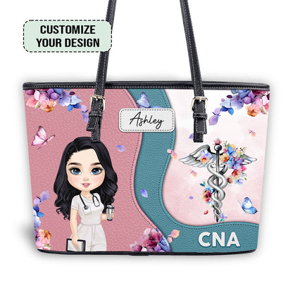 Pastel Floral Nurse - Personalized Custom Nurse Leather Tote Bag