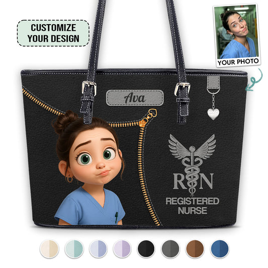 Watercolor Nurse Cartoon - Personalized Custom Nurse Leather Tote Bag for work