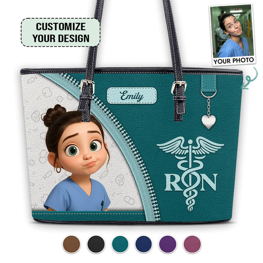 Simple Nurse Life Cartoon- Personalized Custom Nurse Leather Tote Bag for work
