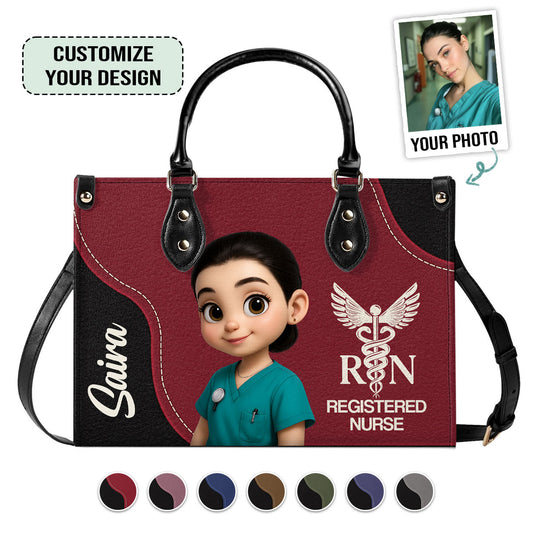 Nurse With Love Cartoon - Personalized Custom Leather Handbag - nurse bag or work
