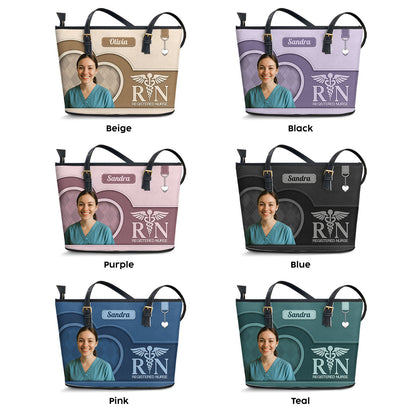 Nurse With Beautiful Heart Photo - Personalized Custom Nurse Leather Tote Bag