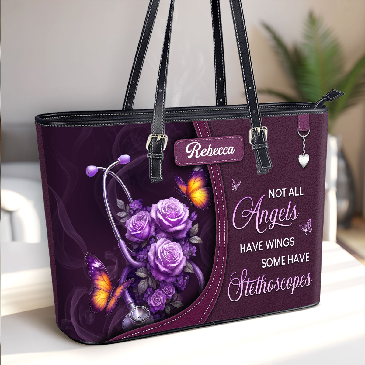 Stethoscope And Flowers - Personalized Custom Nurse Leather Tote Bag