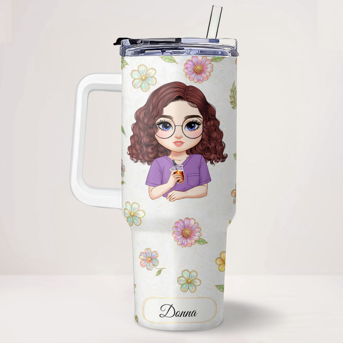 Floral Nurse Drink - Personalized Nurse 40oz Tumbler With Handle