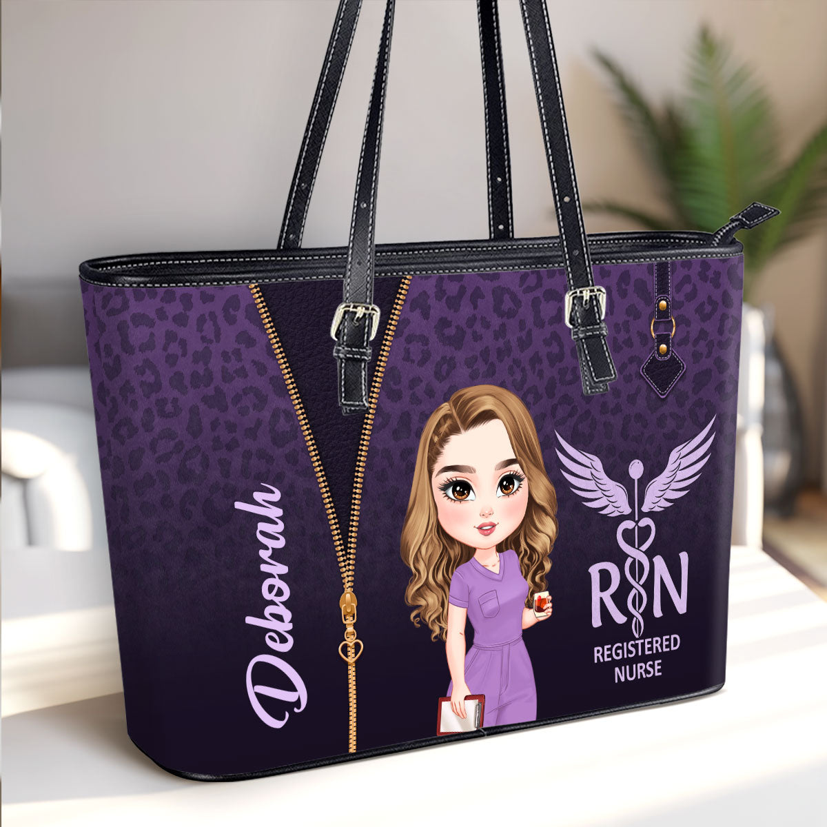 Leopard Print Nurse - Personalized Custom Nurse Leather Tote Bag