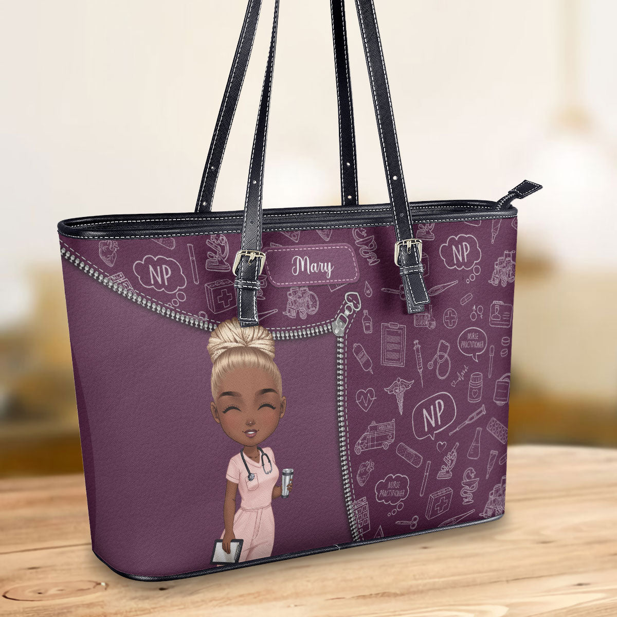 Chalkboard Medical Pattern - Personalized Custom Nurse Leather Tote Bag