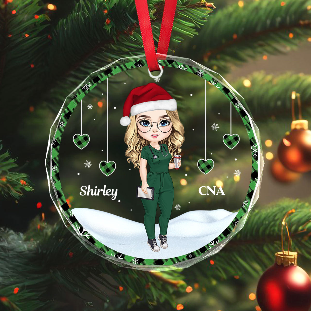 Gingham Best Nurse - Personalized Nurse Circle Glass Ornament