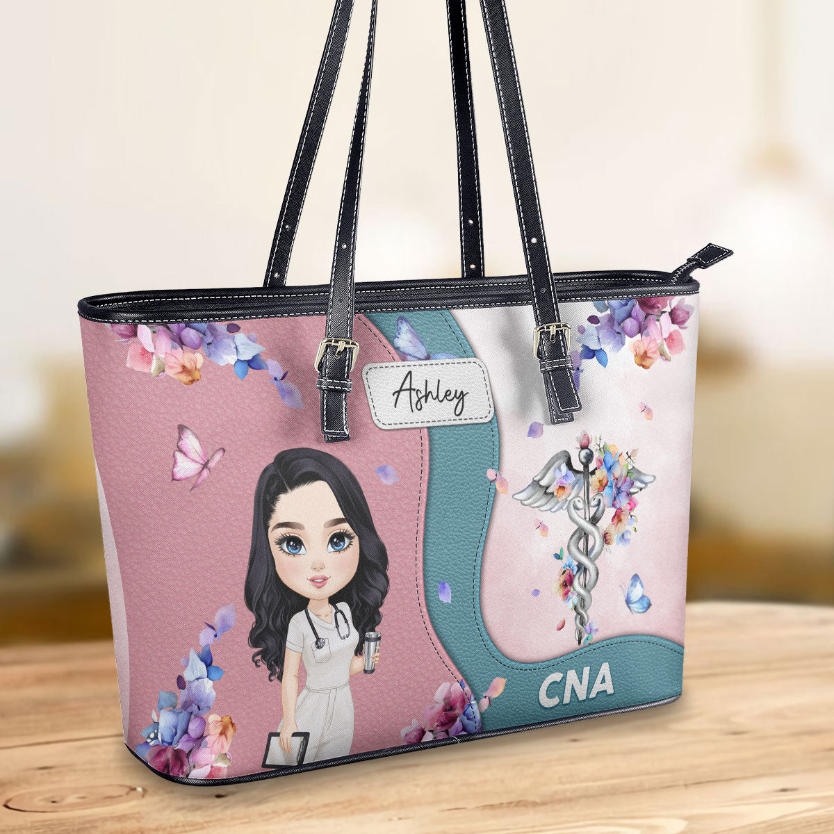 Pastel Floral Nurse - Personalized Custom Nurse Leather Tote Bag