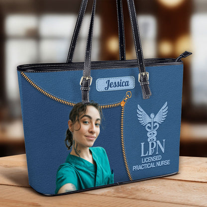 Watercolor Nurse Cartoon - Personalized Custom Nurse Leather Tote Bag