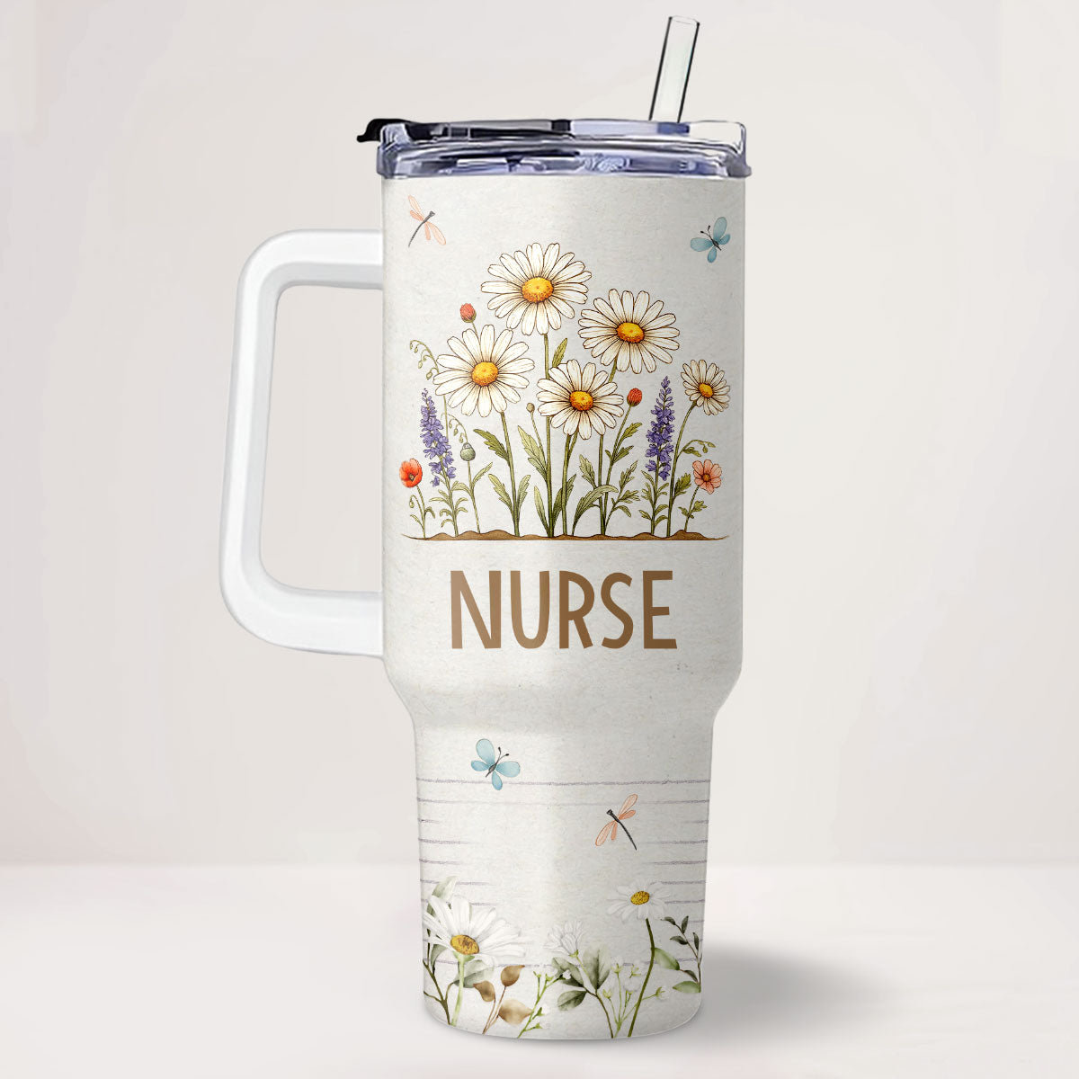 Daisy Floral Nurse - Personalized Nurse 40oz Tumbler With Handle