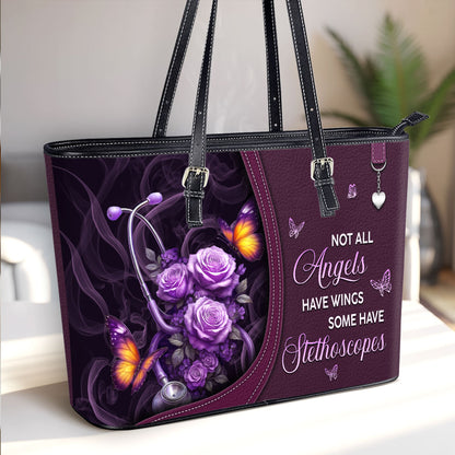 Stethoscope And Flowers - Personalized Custom Nurse Leather Tote Bag