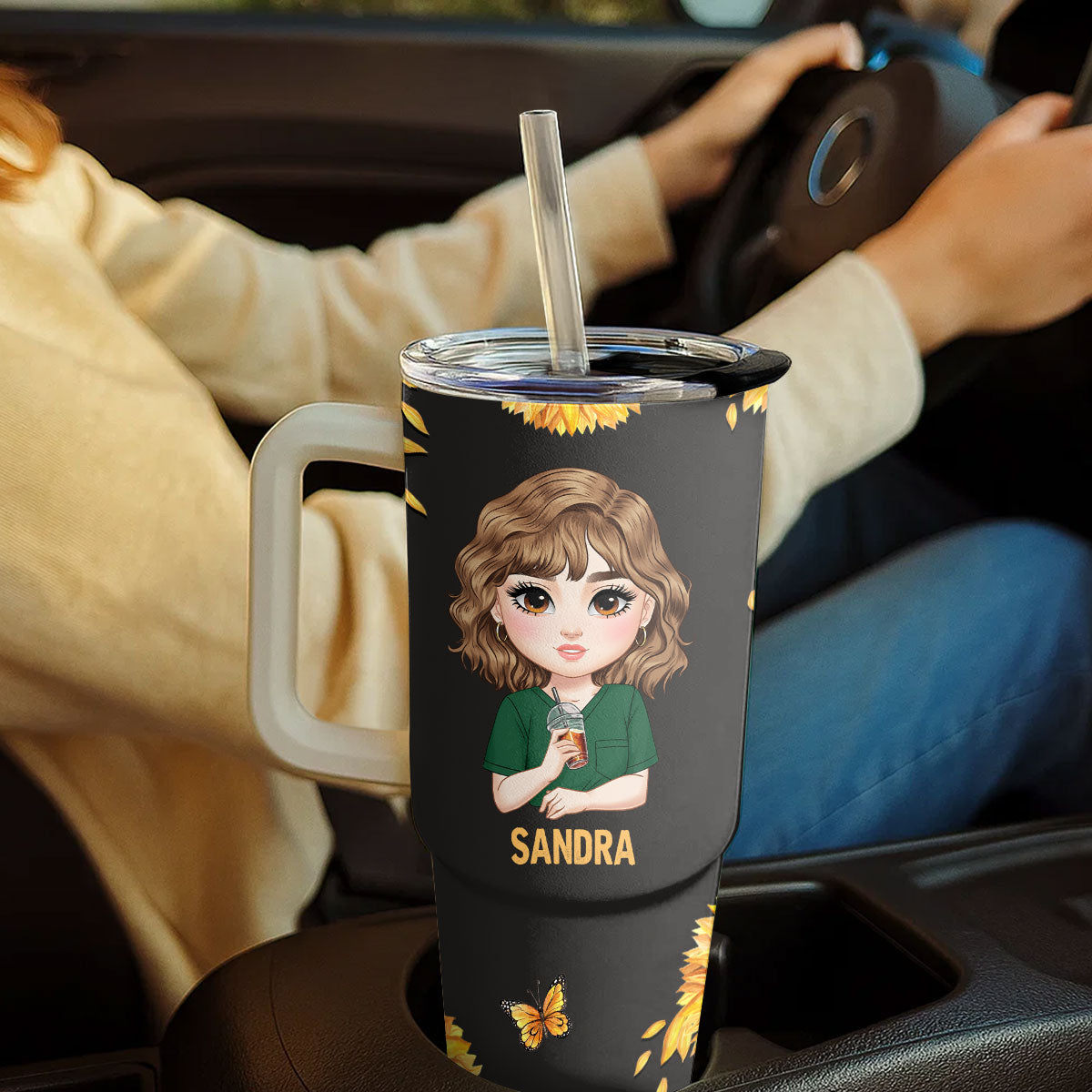 Sunflower Nurse - Personalized Nurse 40oz Tumbler With Handle