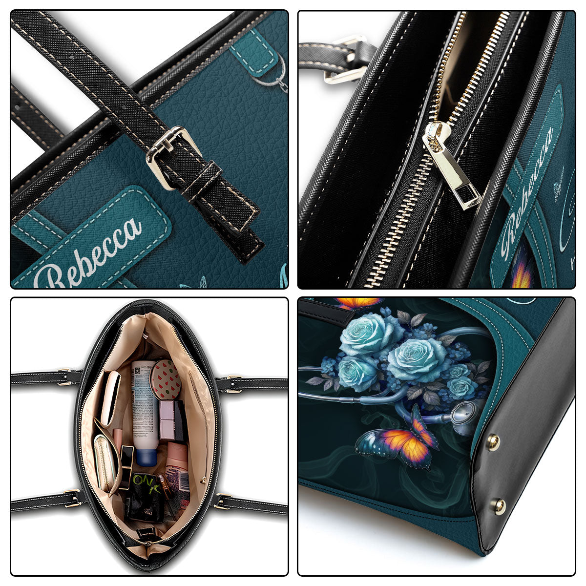 Stethoscope And Flowers - Personalized Custom Nurse Leather Tote Bag