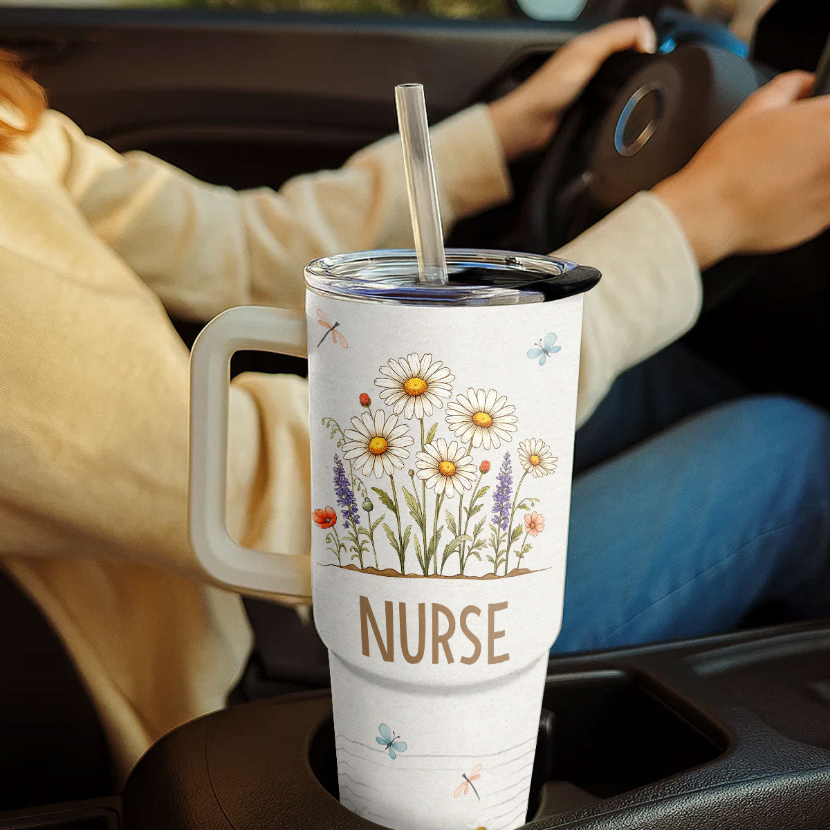 Daisy Floral Nurse - Personalized Nurse 40oz Tumbler With Handle