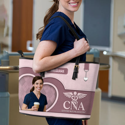 Nurse With Beautiful Heart Photo - Personalized Custom Nurse Leather Tote Bag