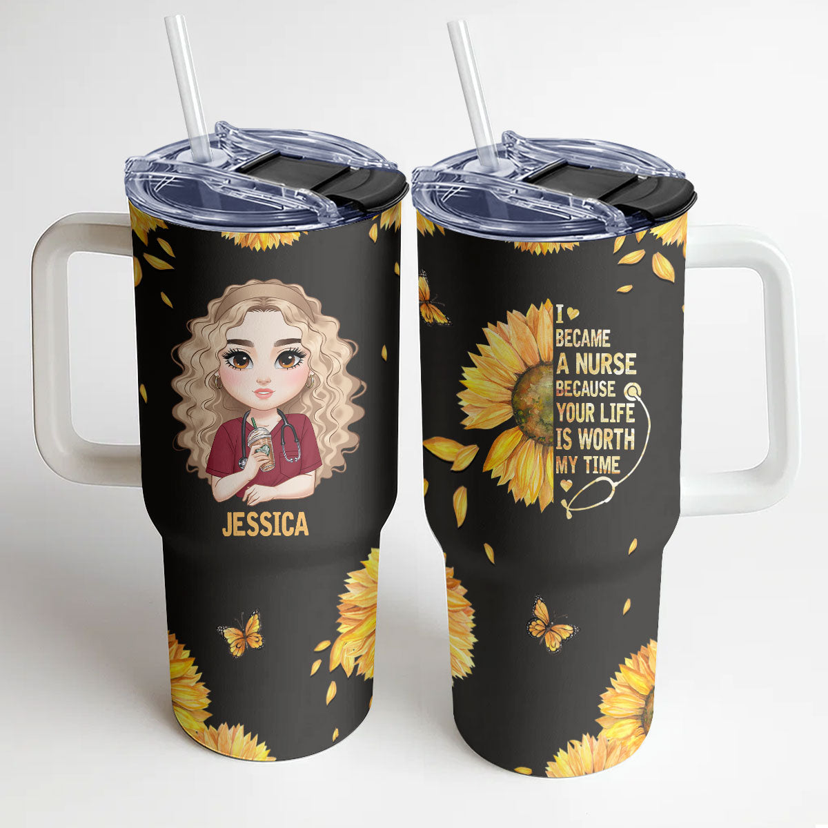 Sunflower Nurse - Personalized Nurse 40oz Tumbler With Handle