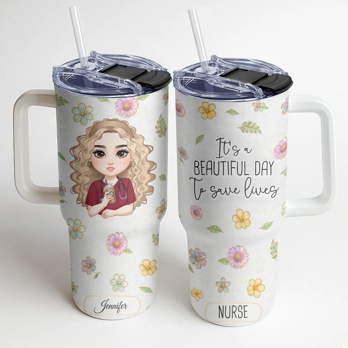 Floral Nurse Drink - Personalized Nurse 40oz Tumbler With Handle