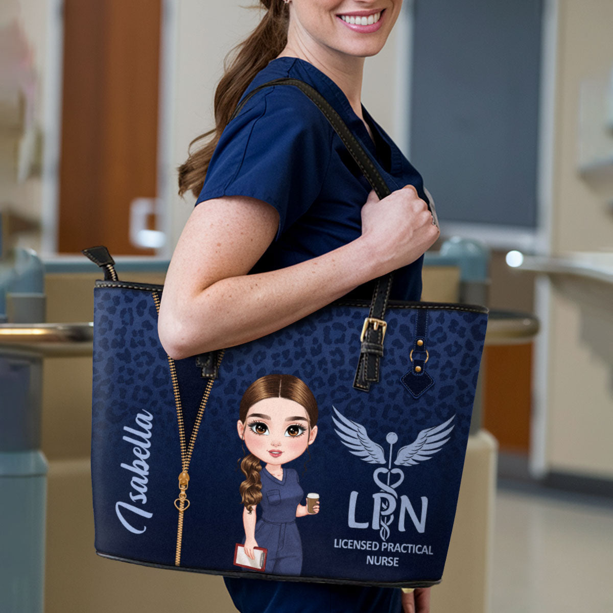 Leopard Print Nurse - Personalized Custom Nurse Leather Tote Bag