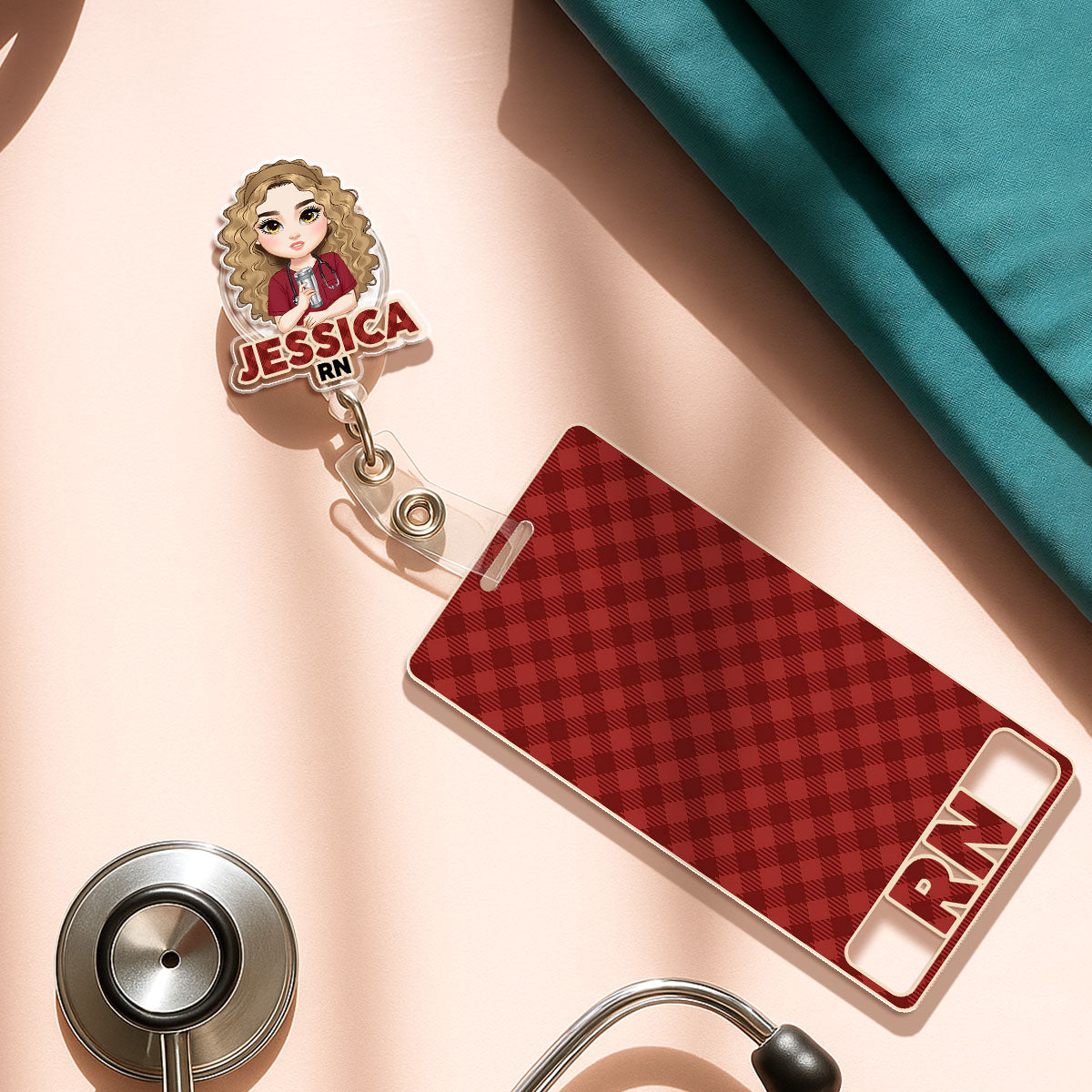 Nurse Red Plaid - Personalized Nurse Badge Reel & Buddy Set