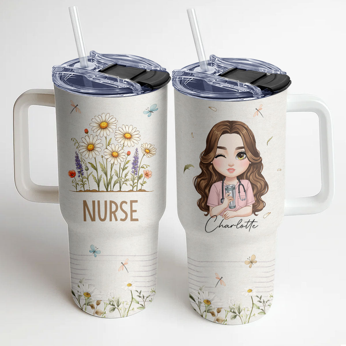 Daisy Floral Nurse - Personalized Nurse 40oz Tumbler With Handle